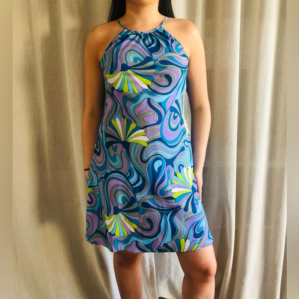 Pucci Styled Retro Swirl Halter Sundress in Teal, Lavender & Lime